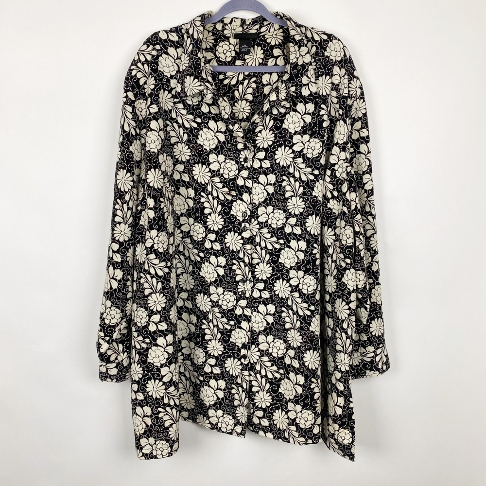 Maggie Barnes Floral Button Up Long Sleeve Blouse Plus Women 5X Black Cream
